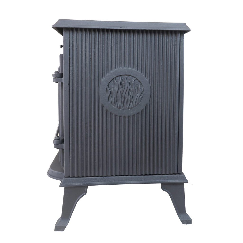 Side of iron mult-fuel stove with crest showing flames 