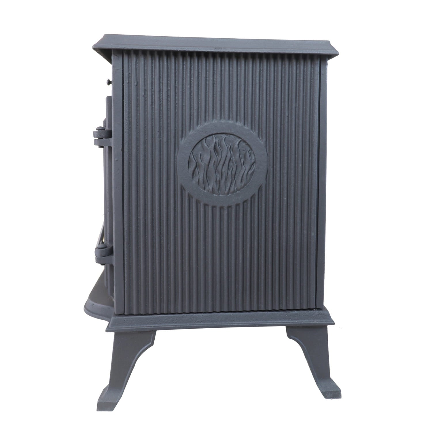 Side of iron mult-fuel stove with crest showing flames 