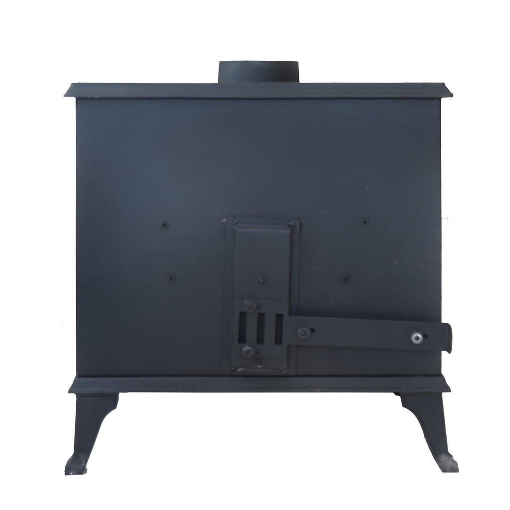 Black cast iron multi-fuel stove on a white background