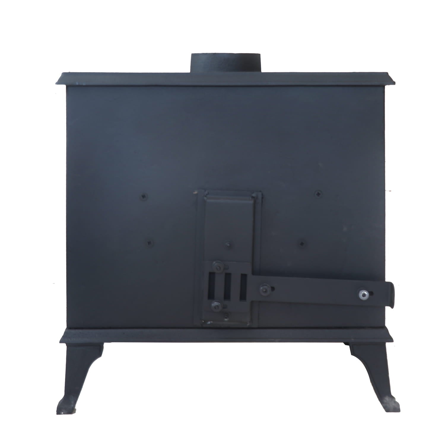 Black cast iron multi-fuel stove on a white background