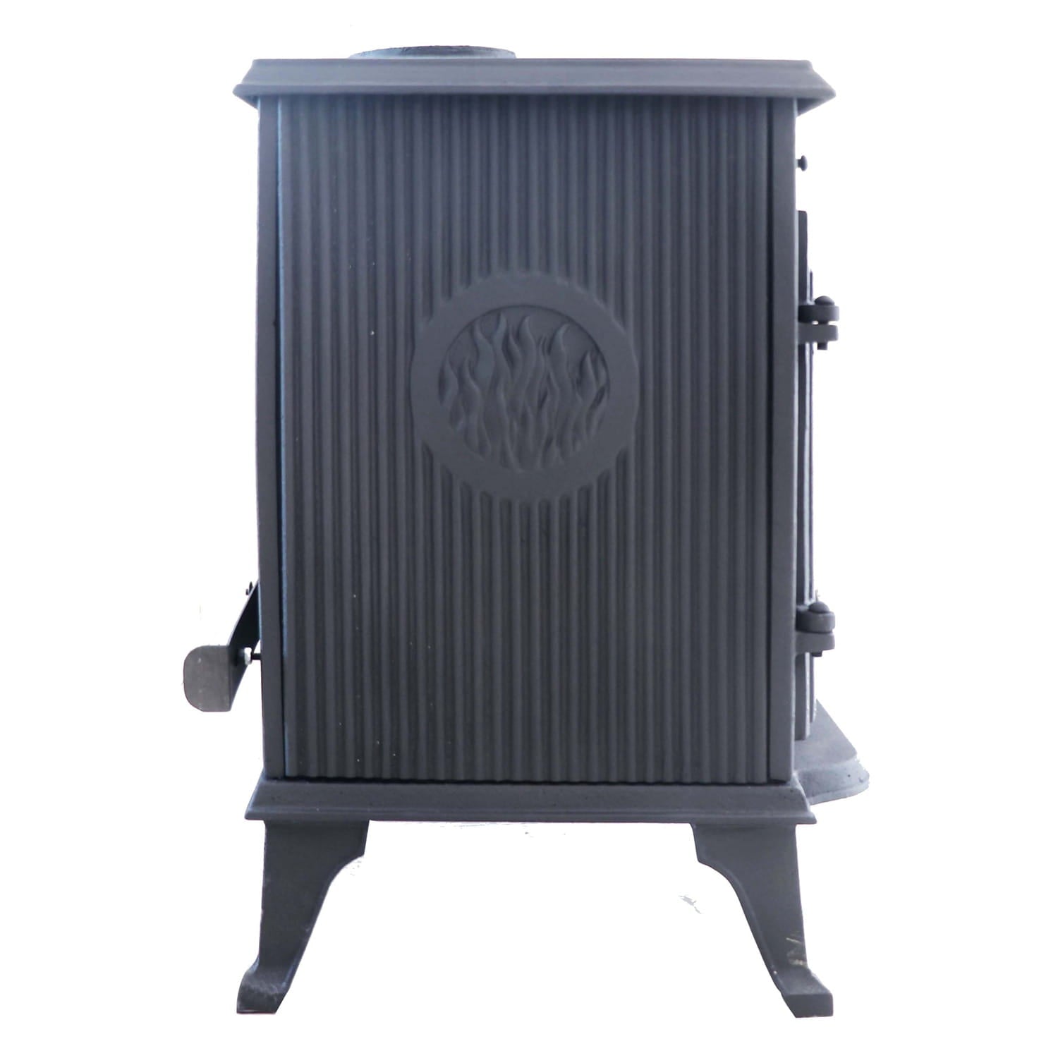Side of multi-fuel stove showing a crest with flames in