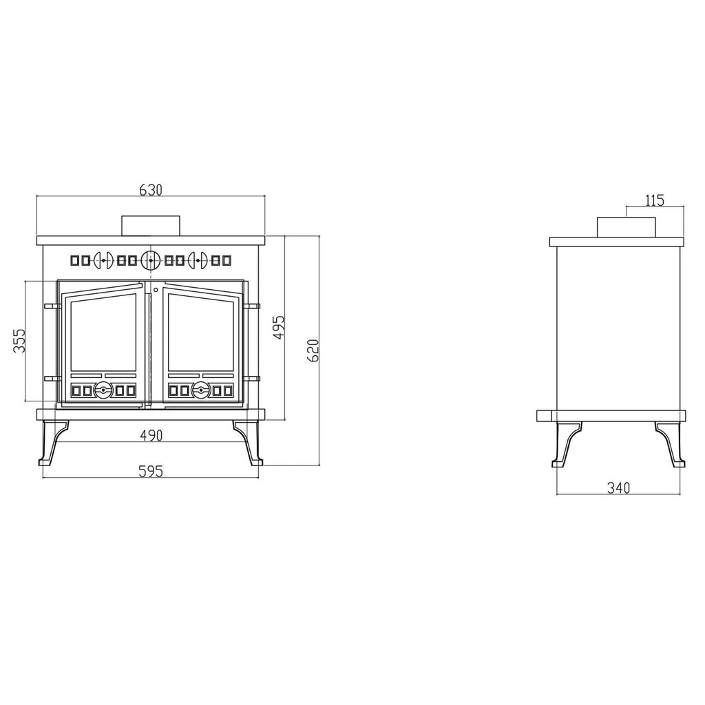 Dimensions of the multi-fuel stove on white sheet