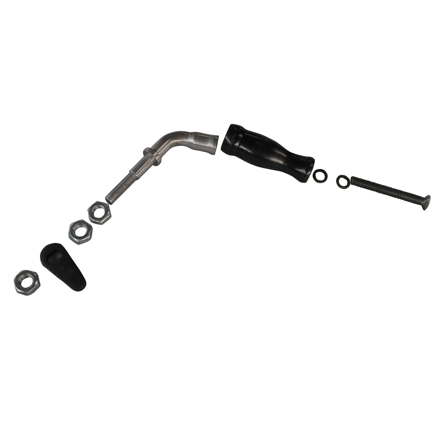 Mechanical parts including a metal rod, black components, and nuts on a white background
