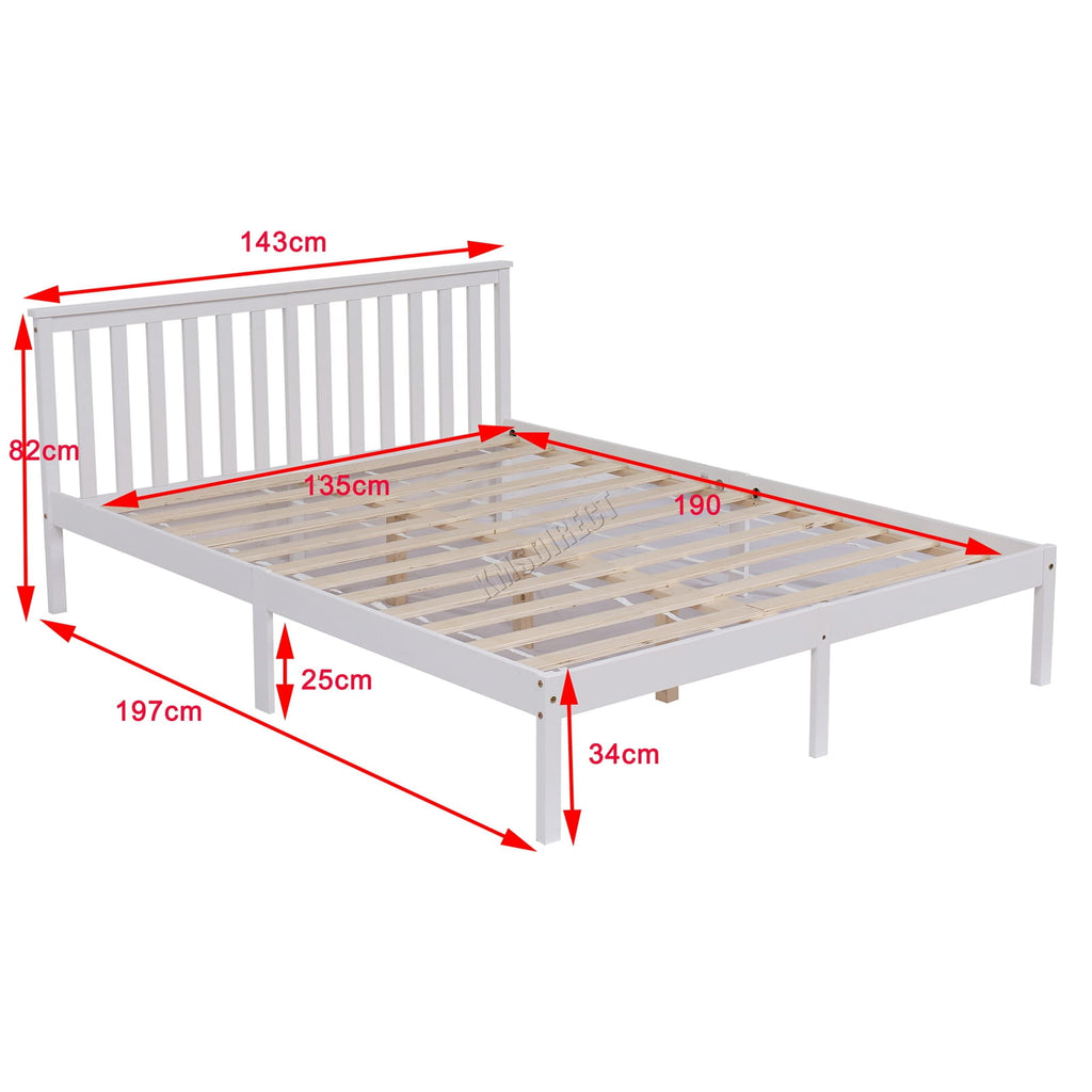 White wooden double bed frame with dimensions marked on a white background.