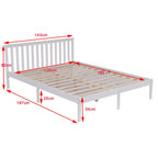 White wooden double bed frame with dimensions marked on a white background.