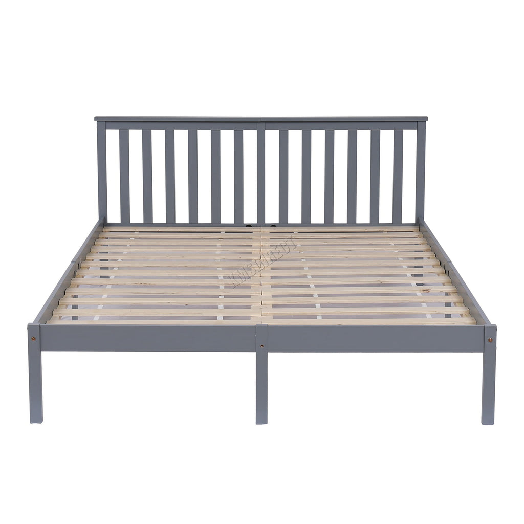 Grey wooden double bed frame with wooden slats on a white background 