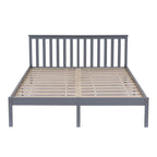 Grey wooden double bed frame with wooden slats on a white background 