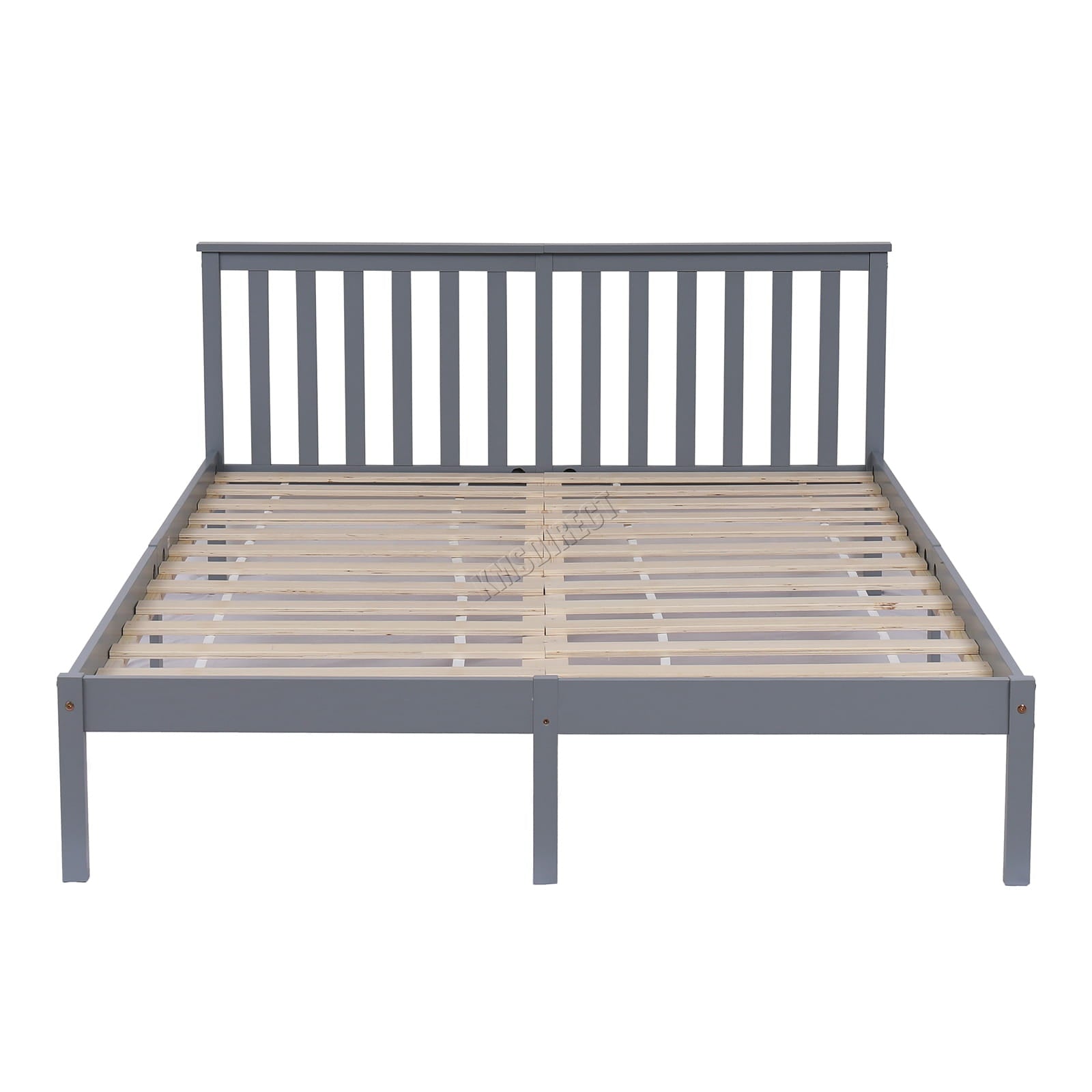 Grey wooden double bed frame with wooden slats on a white background 