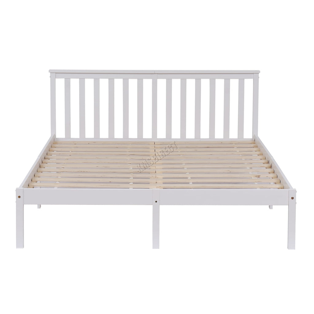 White wooden double bed frame with slatted design on a white background.