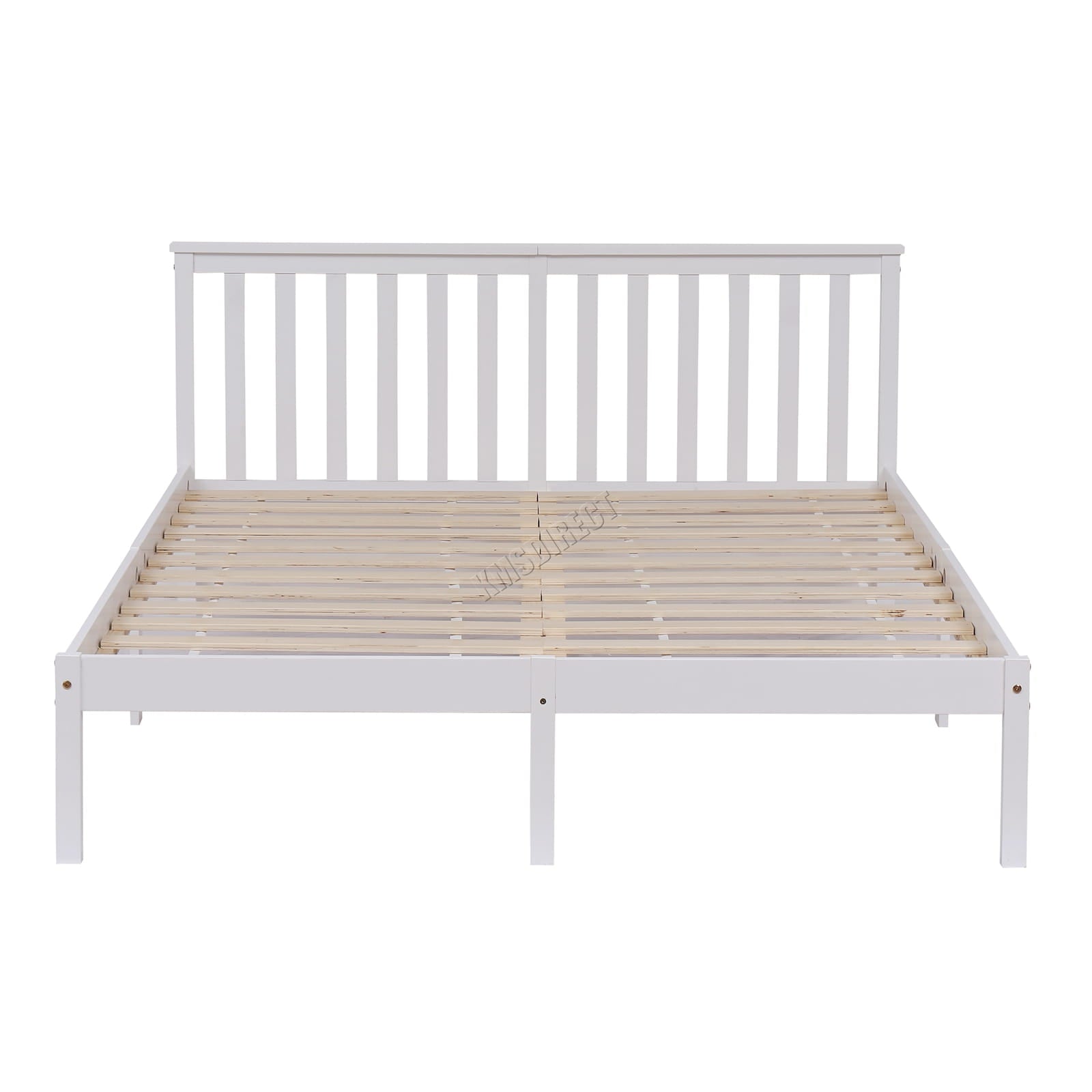 White wooden double bed frame with slatted design on a white background.
