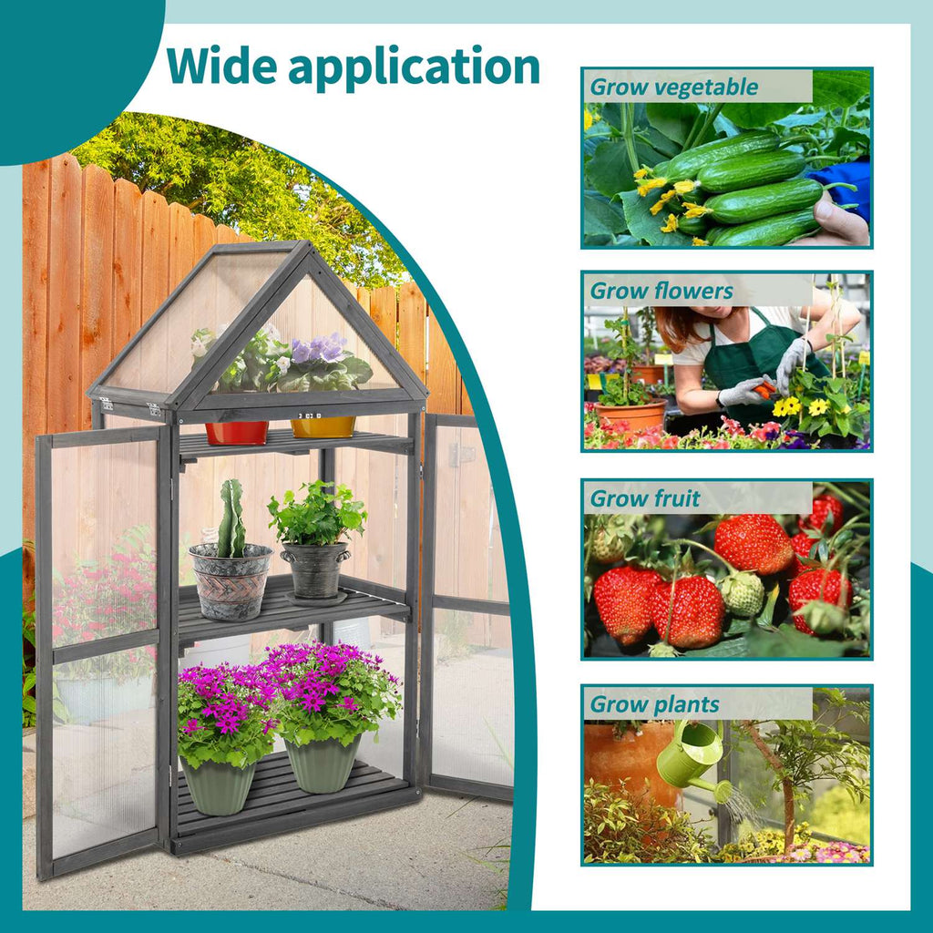 Wooden greenhouse with images of vegetables, flowers, and plants on a blue background