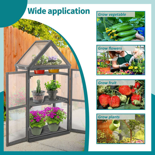 Wooden greenhouse with images of vegetables, flowers, and plants on a blue background