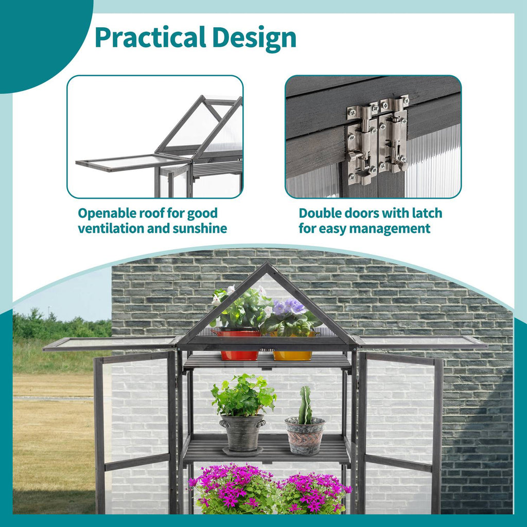 Outdoor wooden greenhouse with openable roof and double doors, featuring plants inside.