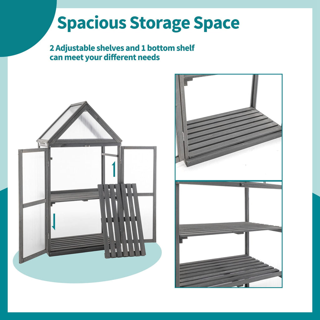 Wooden greenhouse shelving unit with adjustable shelves and a bottom shelf, labeled 'Spacious Storage Space'.