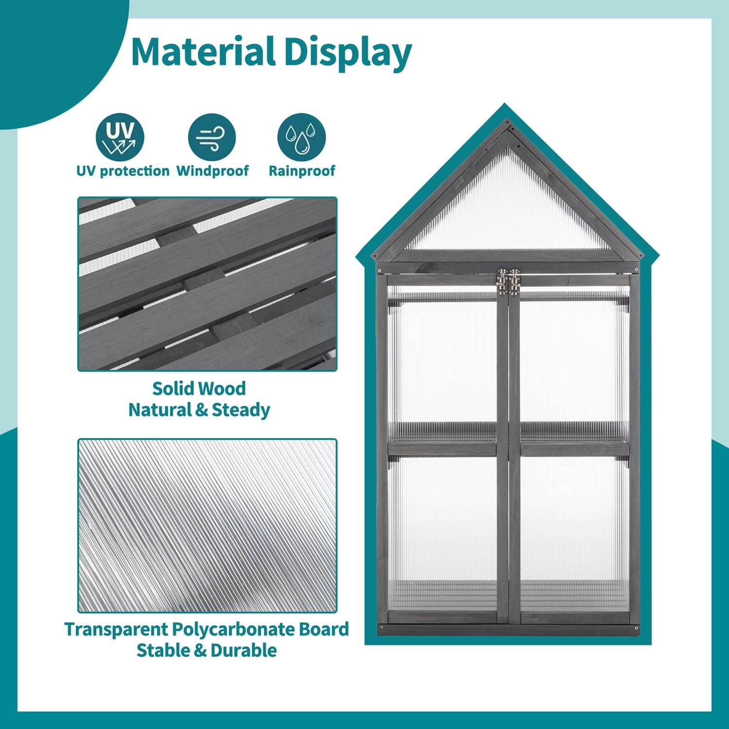 Wooden greenhouse window with material display features on a teal background