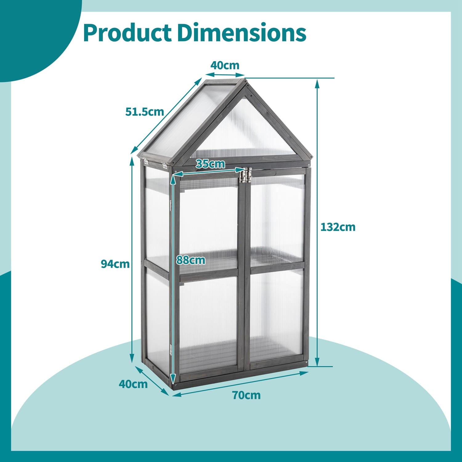 Dimensions of a small wooden greenhouse with clear glass panels on a light blue background