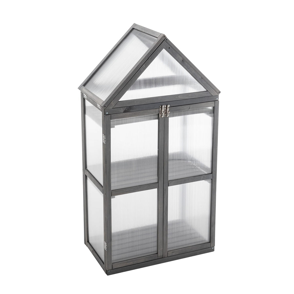 Small wooden greenhouse with metallic frame on a white background