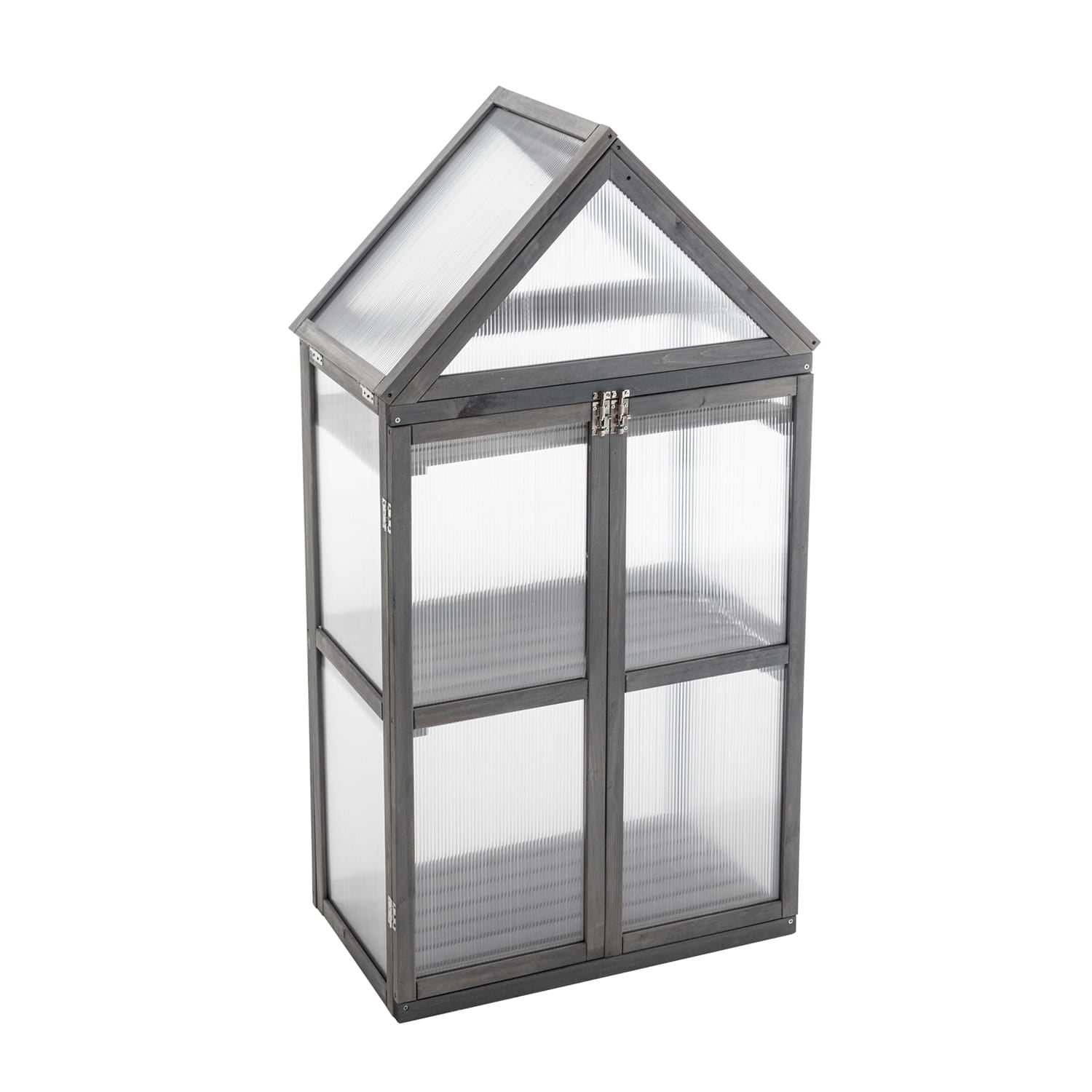 Small wooden greenhouse with metallic frame on a white background