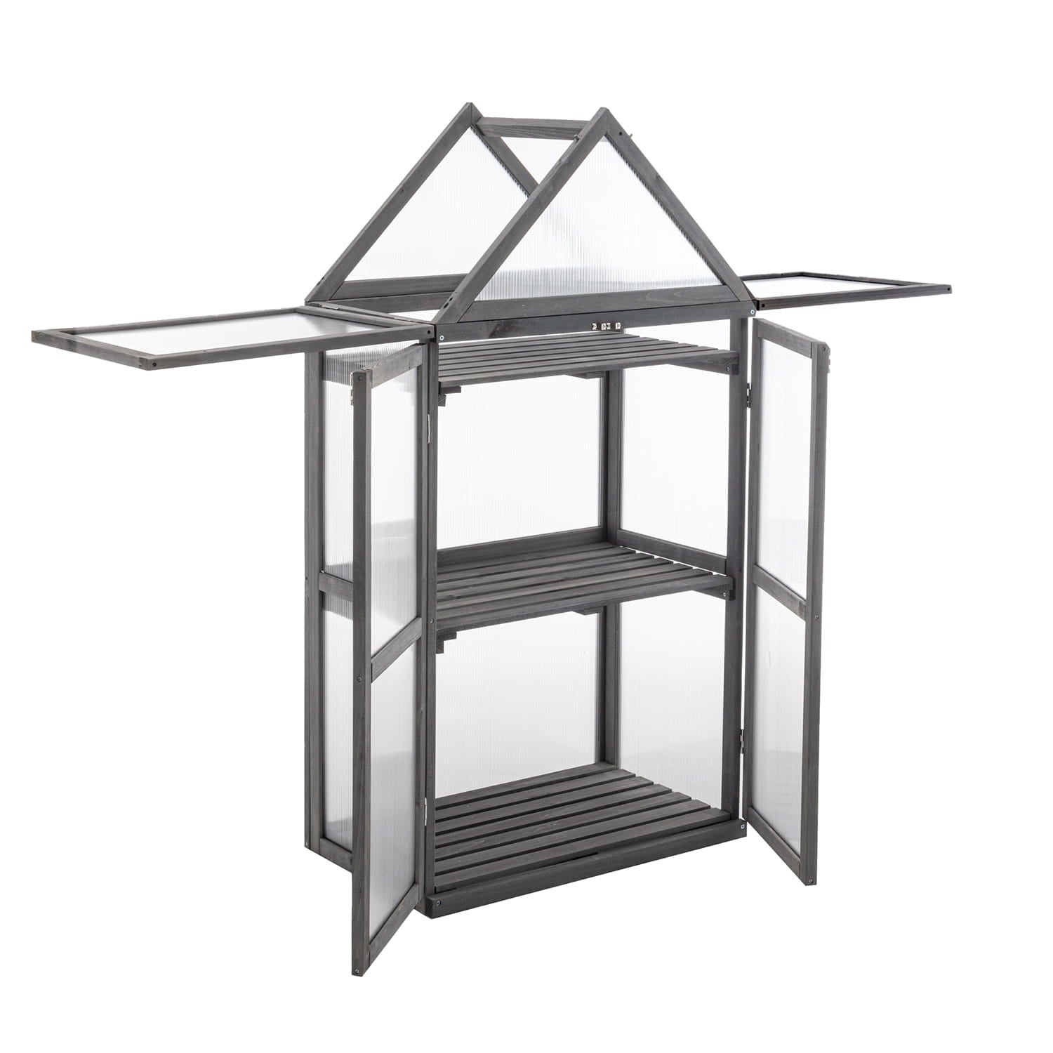 Small wooden greenhouse with transparent roof and glass panels on a white background