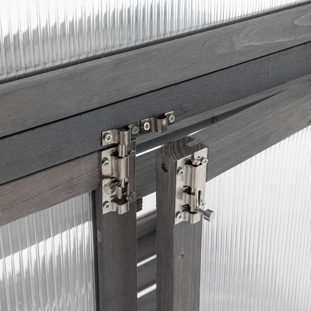 Close-up of a wooden greenhouse and metal door hinge on a transparent background
