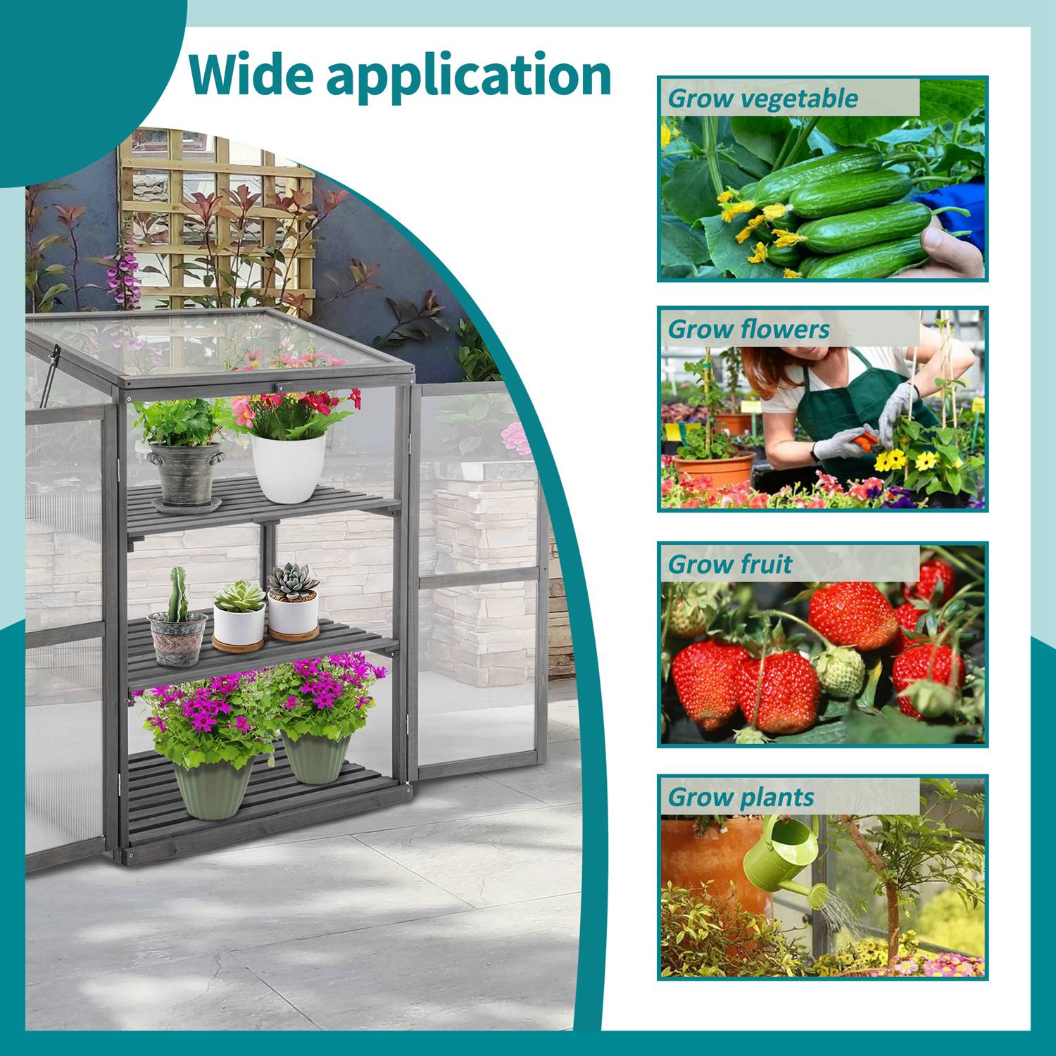 Gardening wooden greenhouse with images of vegetables, flowers, and plants on a teal background