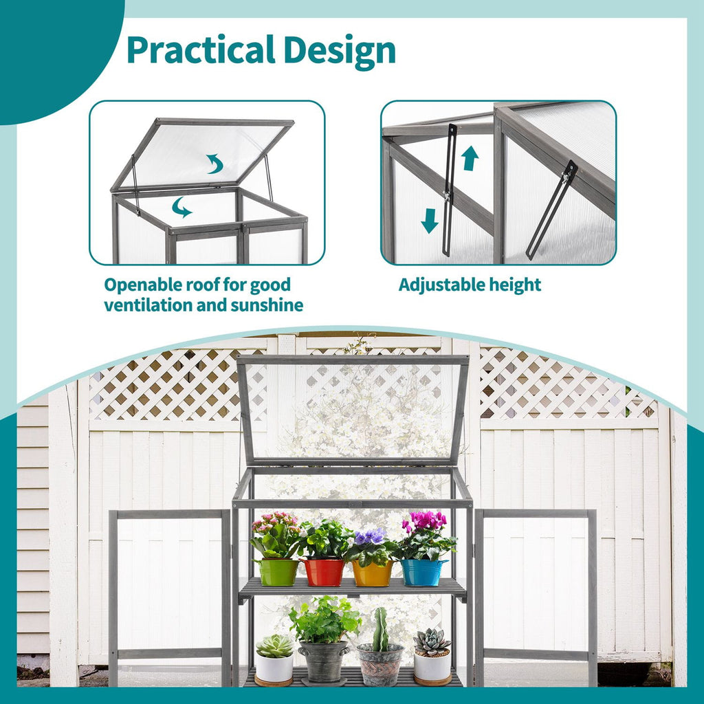 Garden wooden greenhouse with openable roof and adjustable height features, displaying plants inside.