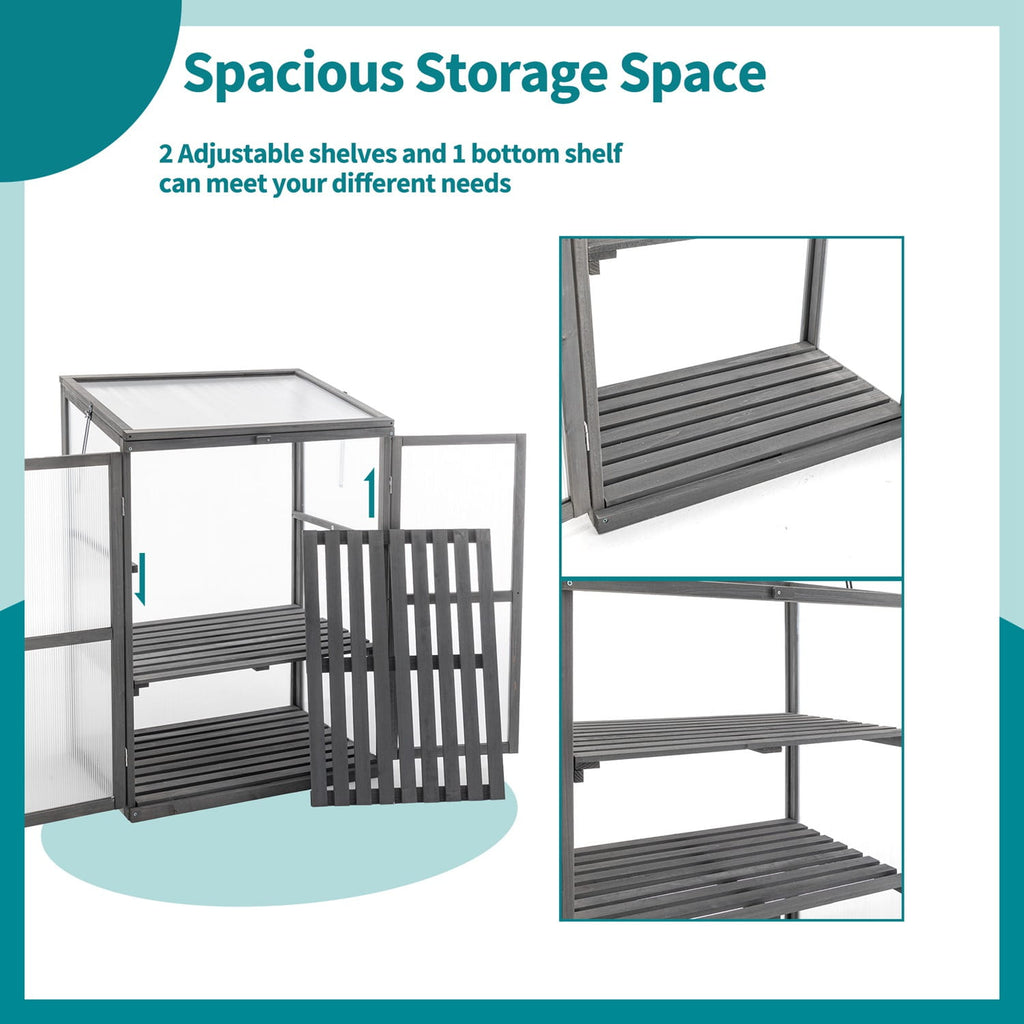 Wooden greenhouse with Storage shelves with adjustable and fixed shelves on a light blue background