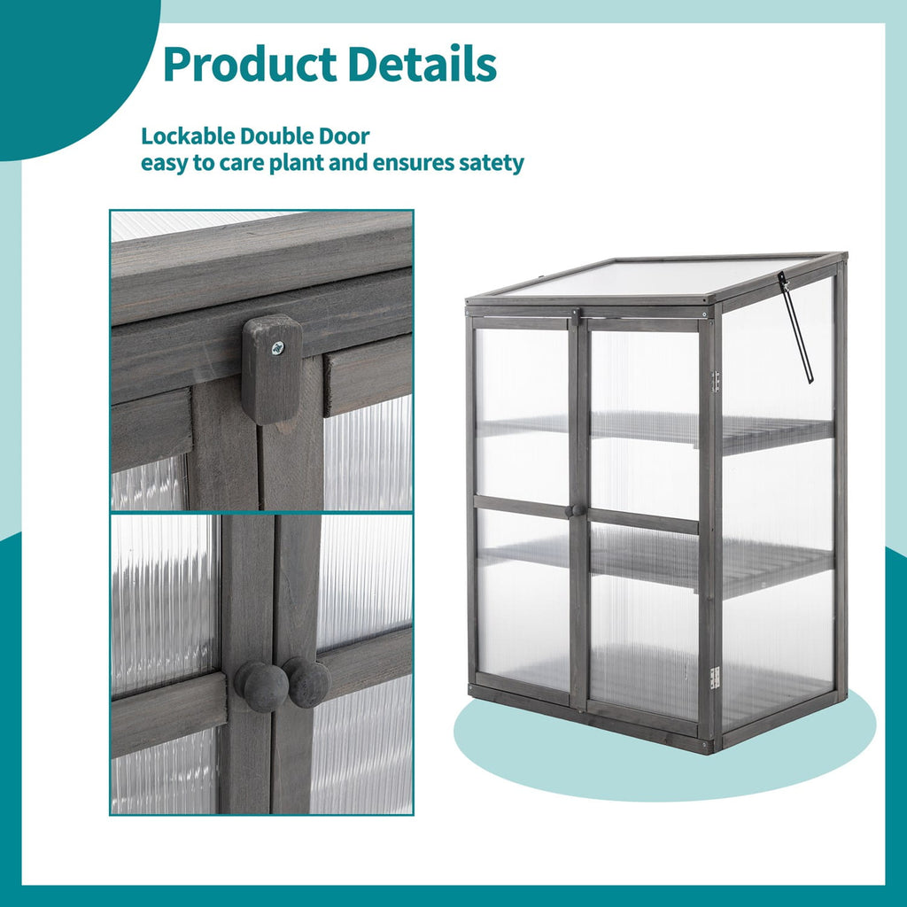 Grey wooden greenhouse with lockable double doors on a white background
