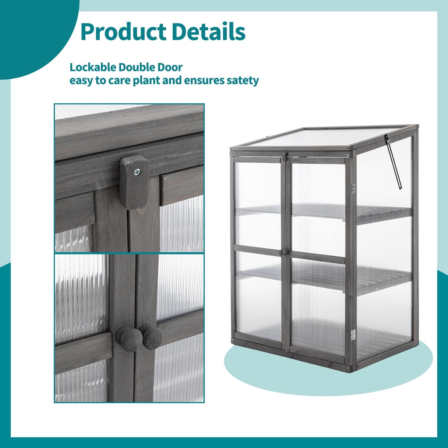 Grey wooden greenhouse with lockable double doors on a white background