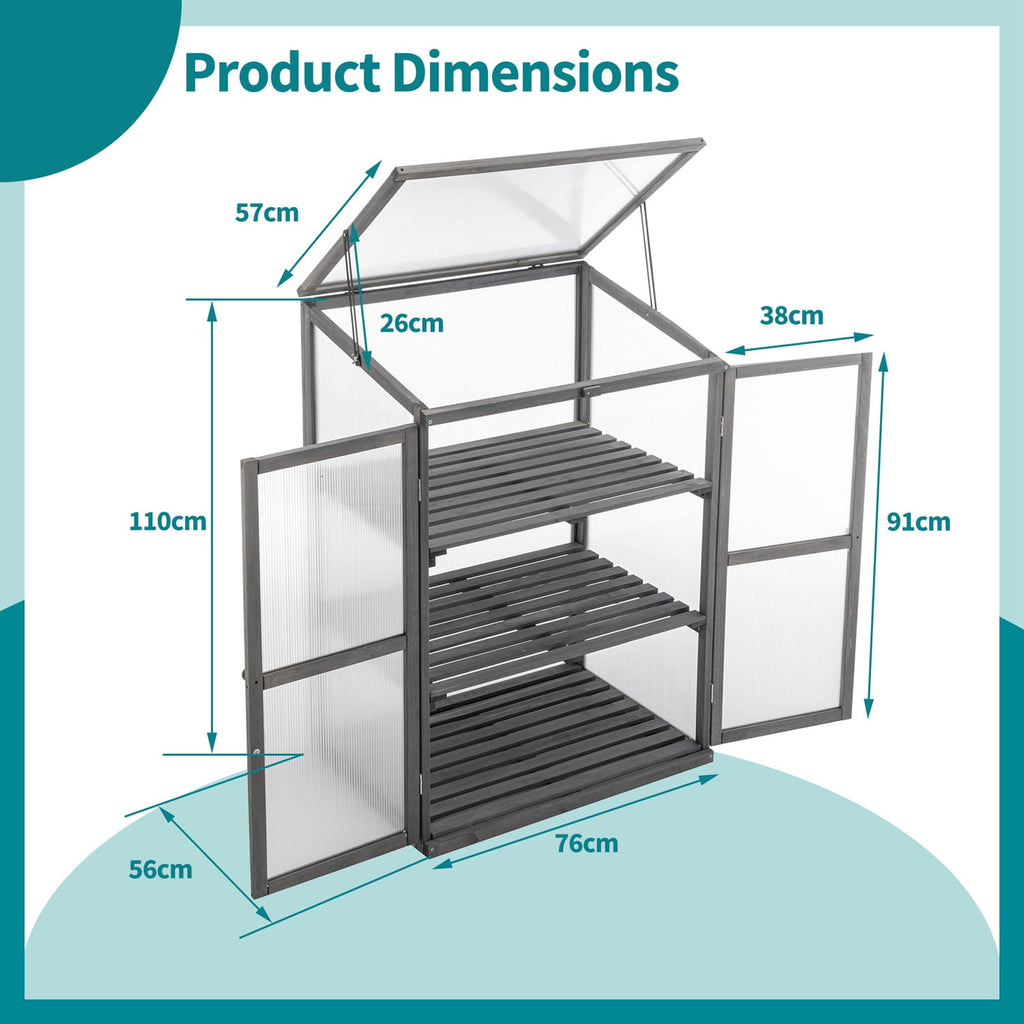 Dimensions of a wooden greenhouse with clear glass panels on a light blue background