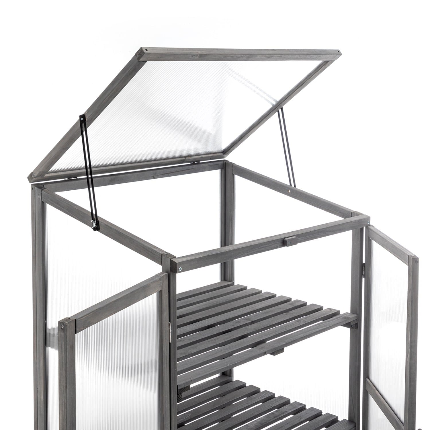 Small wooden greenhouse with transparent roof and sides on a white background