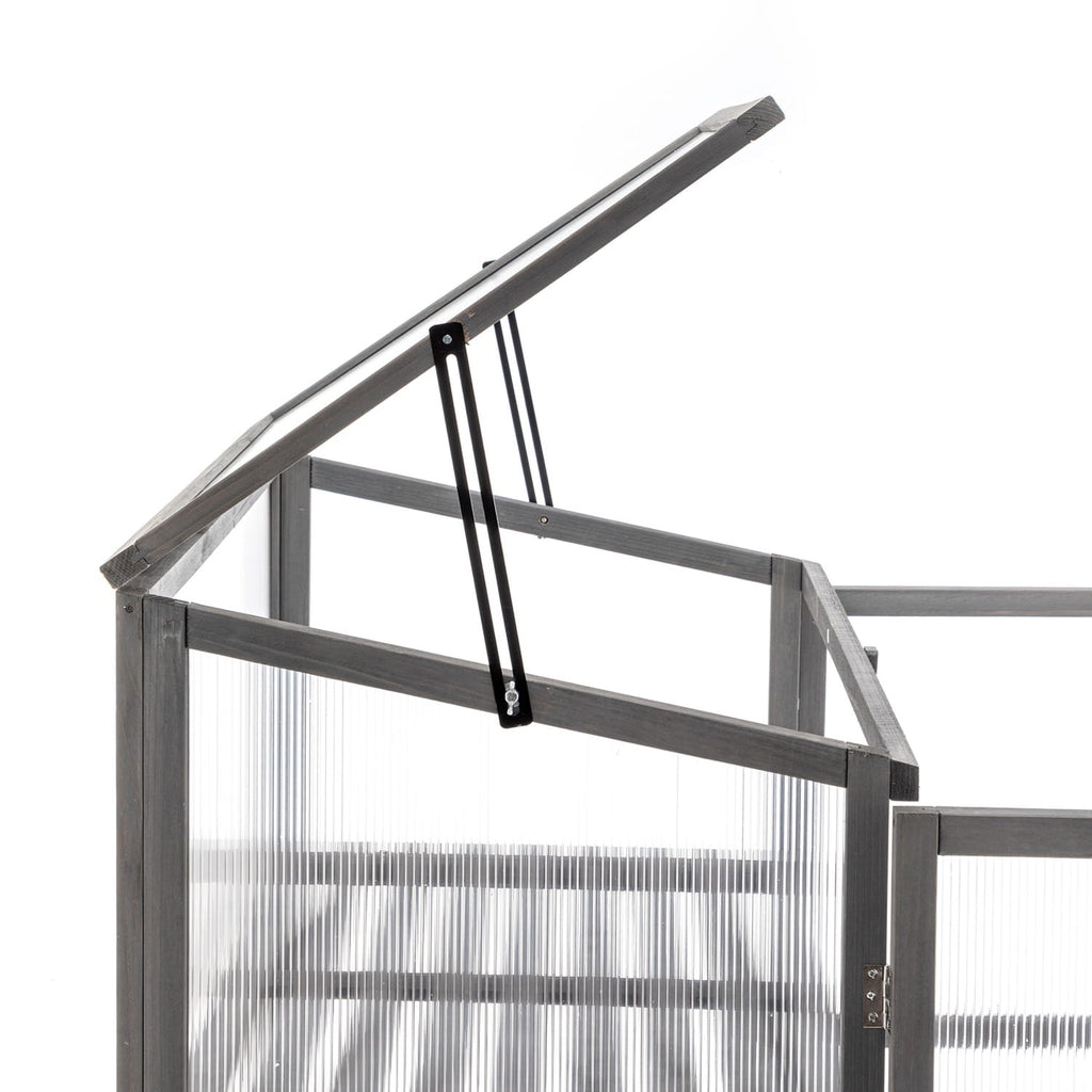 Wooden greenhouse with a transparent glass railing on a white background