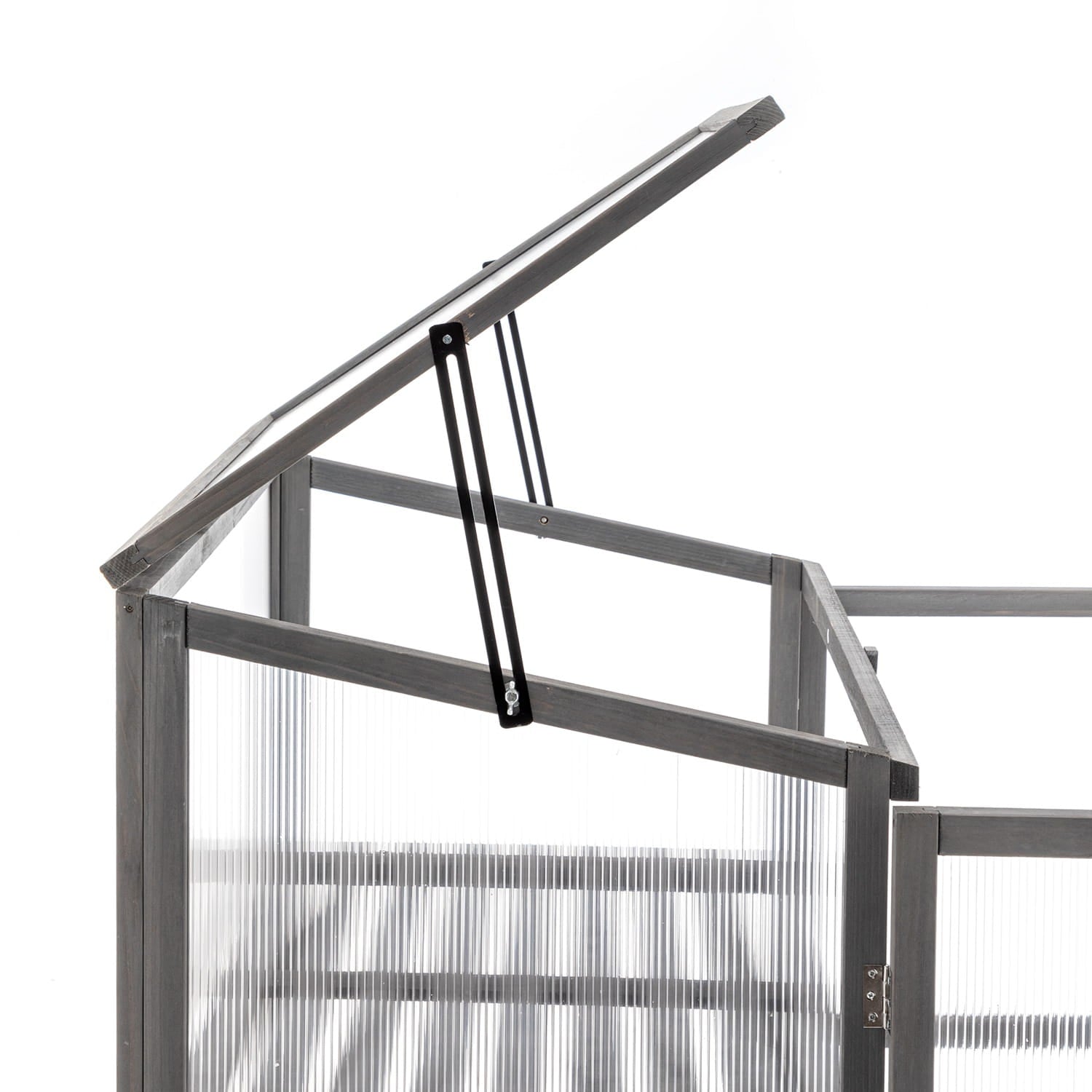 Wooden greenhouse with a transparent glass railing on a white background