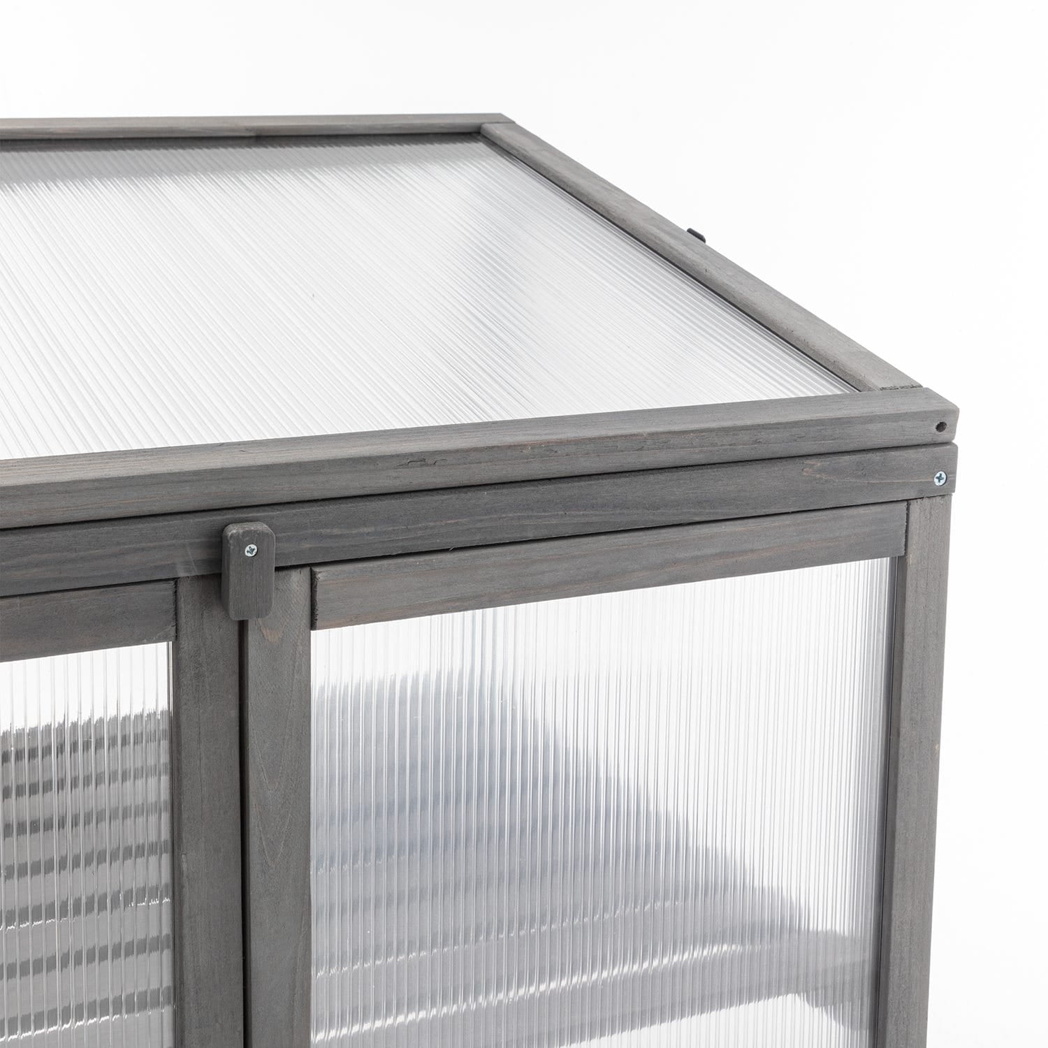 Wooden greenhouse with metal frame on a white background