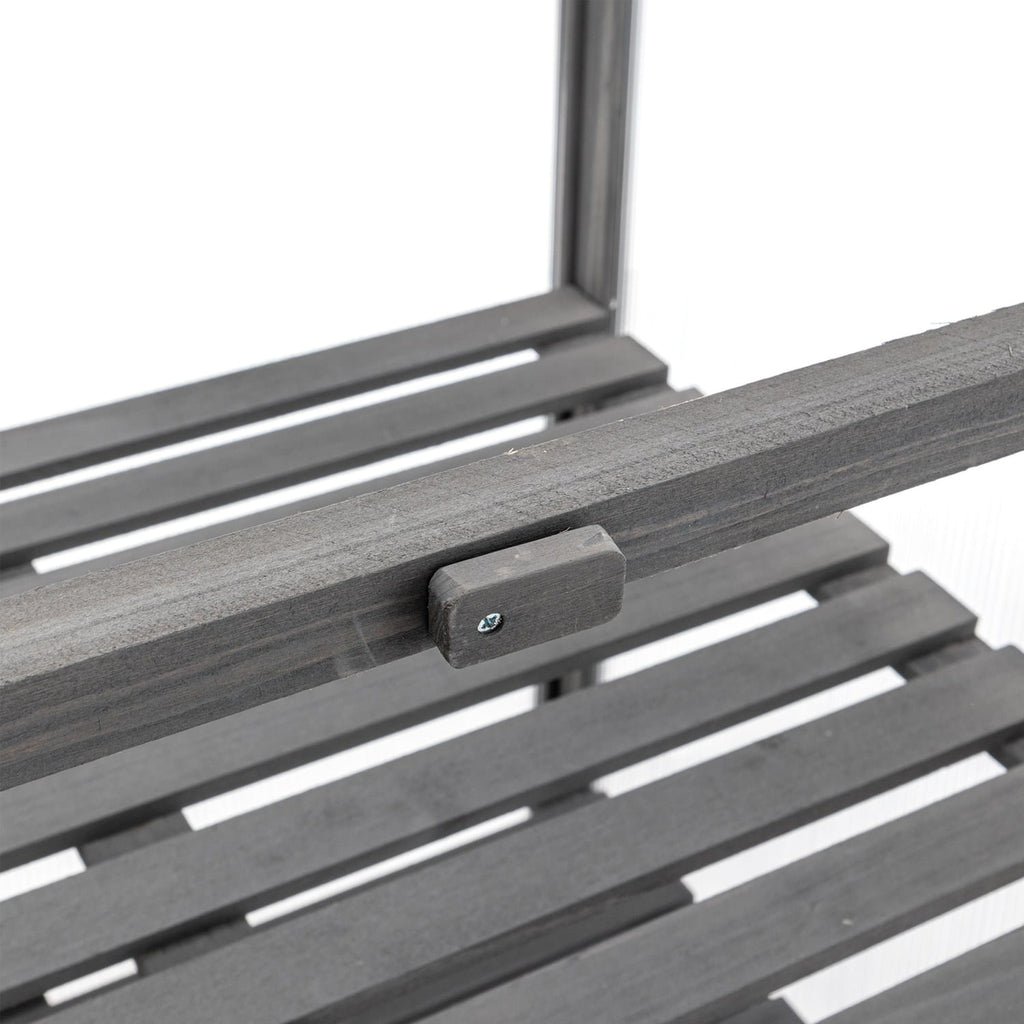 Close-up of a grey wooden greenhouse with a visible bolt on a white background