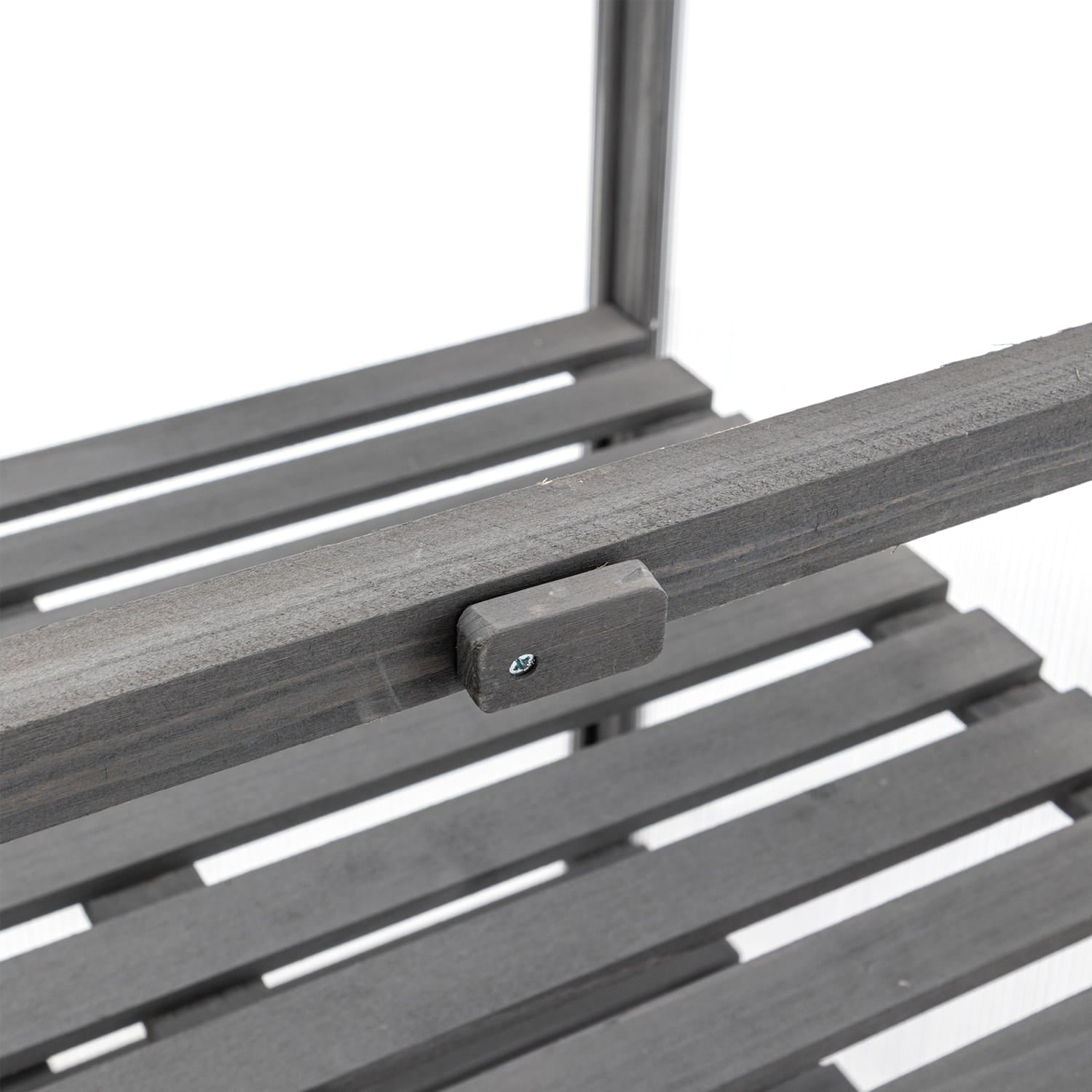 Close-up of a grey wooden greenhouse with a visible bolt on a white background