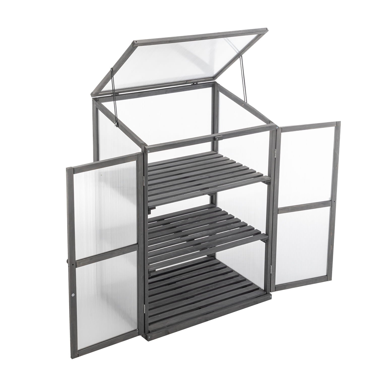 Small wooden greenhouse with transparent roof and glass panels on a white background