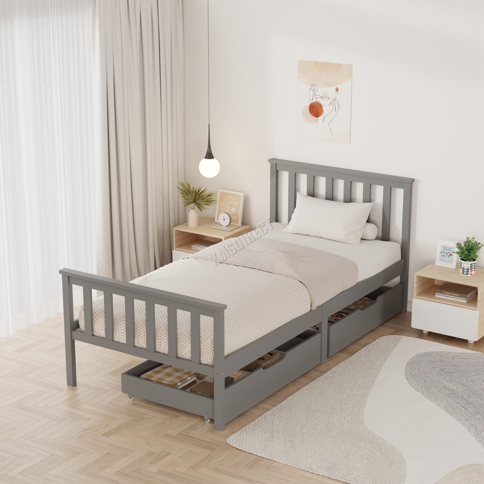 Grey wooden single bed with storage drawers in a bedroom setting.