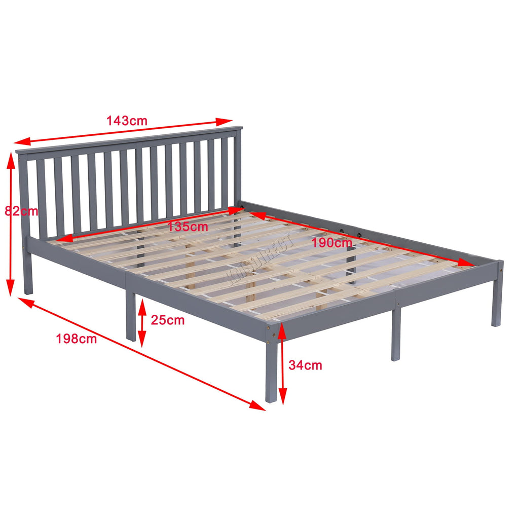 Grey wooden double bed frame with dimensions marked on a white background.