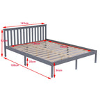 Grey wooden double bed frame with dimensions marked on a white background.