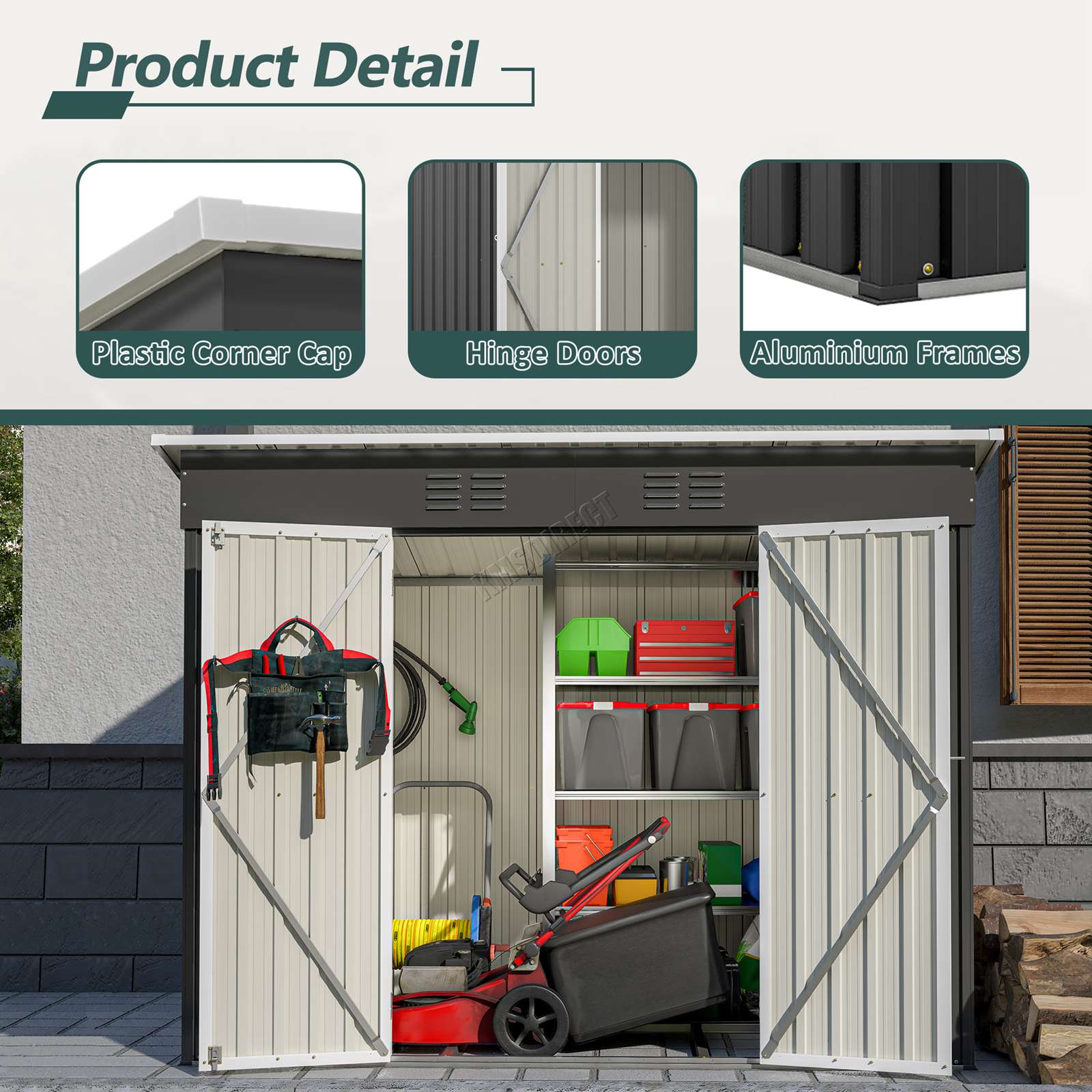 Anthracite garden shed with pent roof featuring product details including: plastic corner caps, hinge doors, aluminum frames