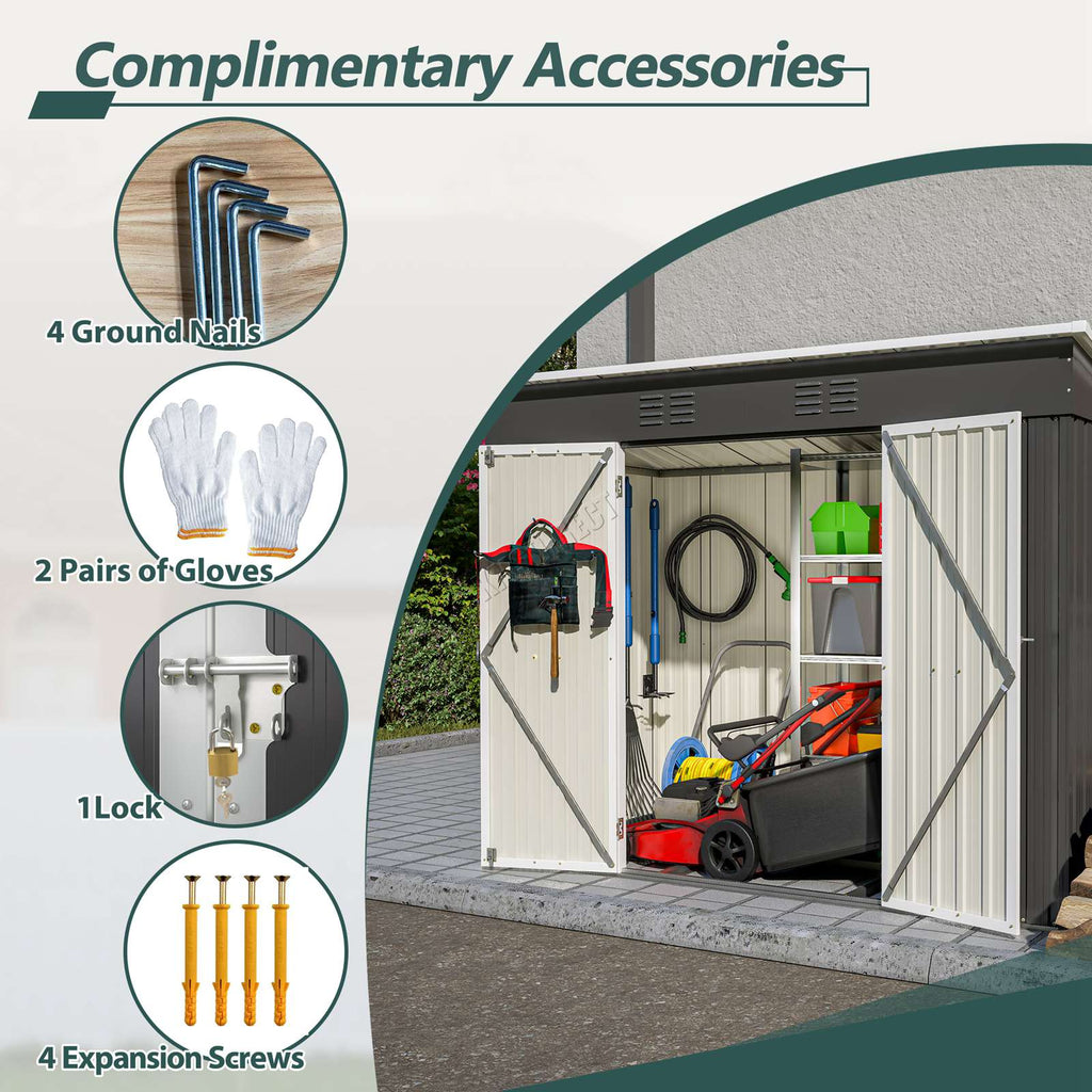 Anthracite garden shed with pent roof beside icons of accessories included.