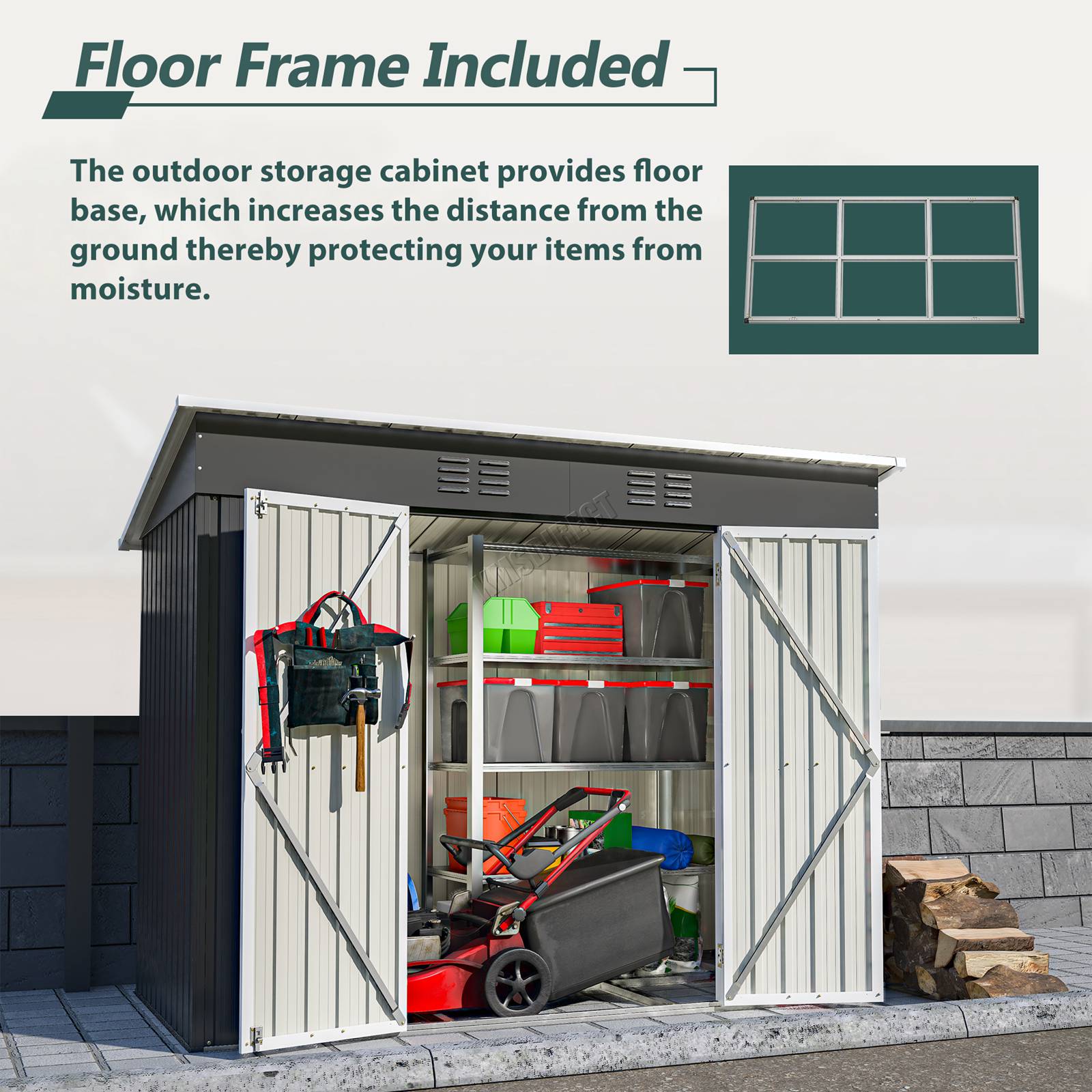 Anthracite garden shed with pent roof and text emphasising floor frame included.