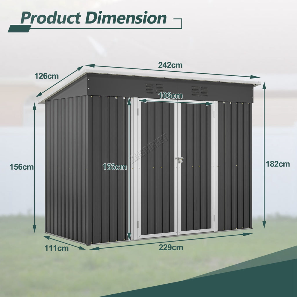 Anthracite product dimensions of garden shed with pent roof on agreen background. 