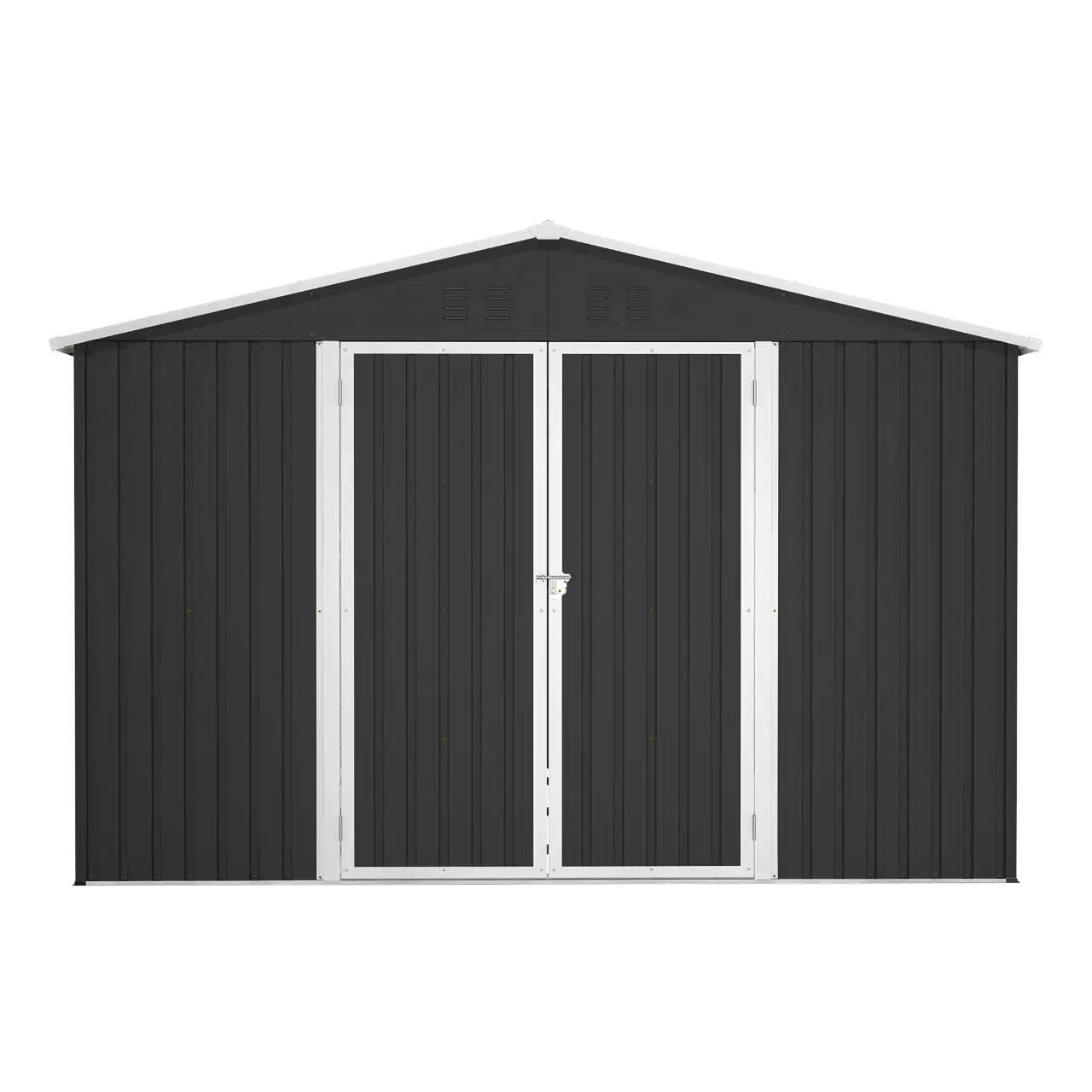 Anthracite metal garden shed with an apex roof on a white background.